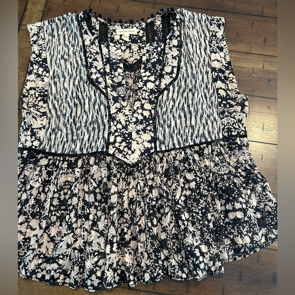 Rebecca Taylor Black and White Ruffled Bib Collar Blouse